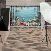 Lofaris Coastal Christmas Sweep Photo Backdrop Beach Theme with Starfish and Ornaments Blue Wood Wall Holiday Prop